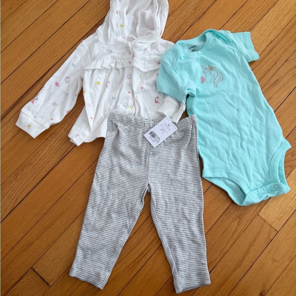 Carter's White Hooded Cardigan, Teal Bodysuit & Gray Stripe Pants Set size 9m
